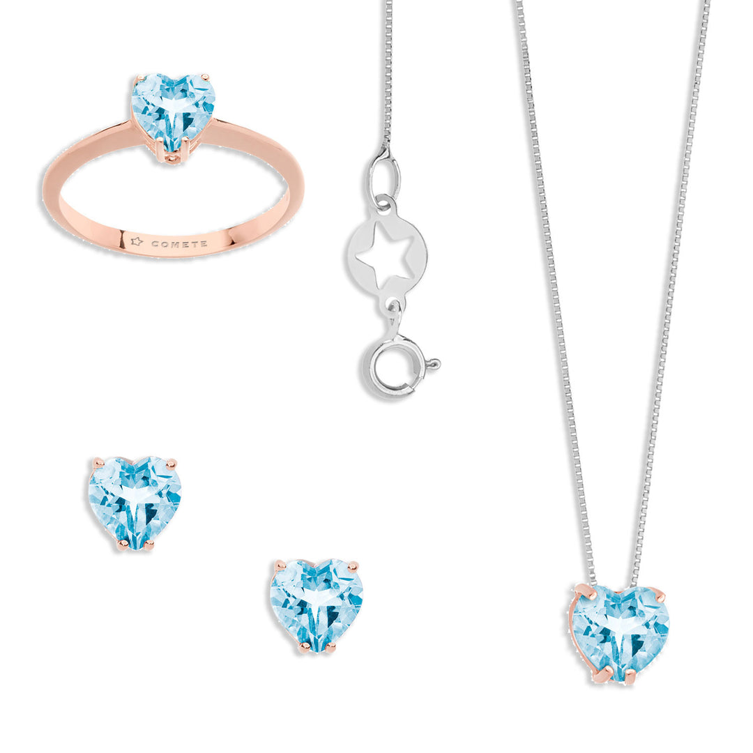 Comete Necklace, Ring and Earrings in Rose Gold and Blue Topaz Heart KIT154625441014