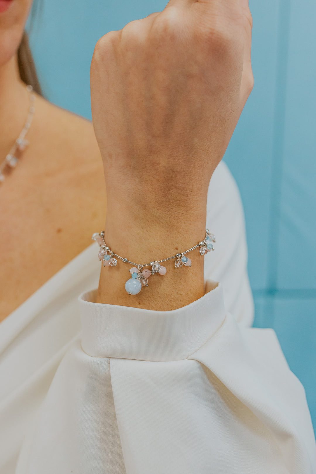 Comete Bracelet 925‰ Silver with Aquamarine, Rock Crystal, colored Jade BRA273