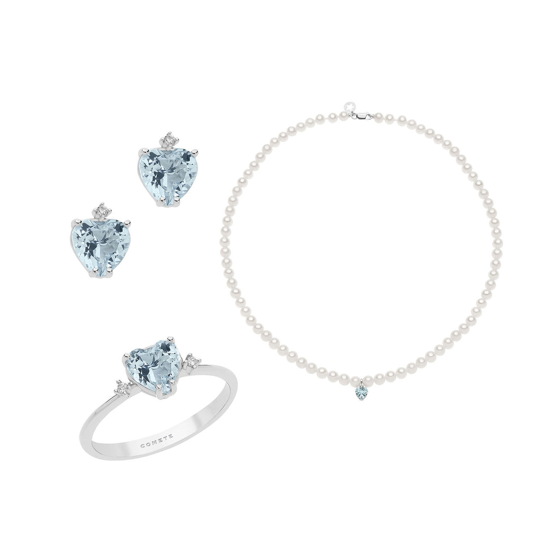 Comete Necklace, Ring and Earrings with Freshwater Pearls in Gold, Diamonds and Aquamarine KIT323300235
