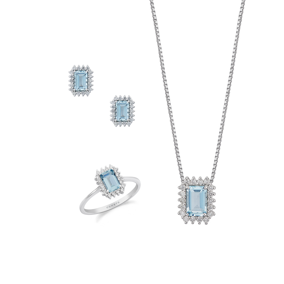Comete Necklace, ring and earrings in 750‰ white gold, diamonds, octagonal aquamarine KIT308343272