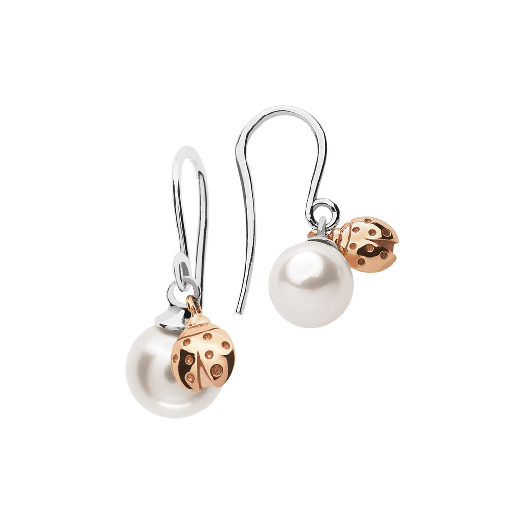 Comete Pearl earrings in white gold with Ladybug in rose gold ORP602