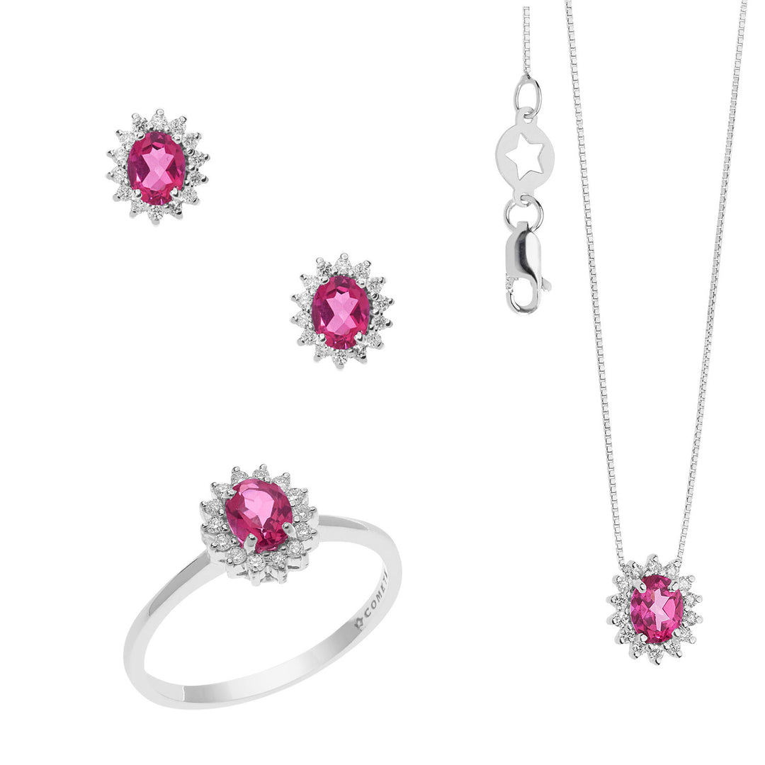 Comete Necklace, Ring and Earrings in Gold, Diamonds and Oval Pink Topaz KIT158125951039