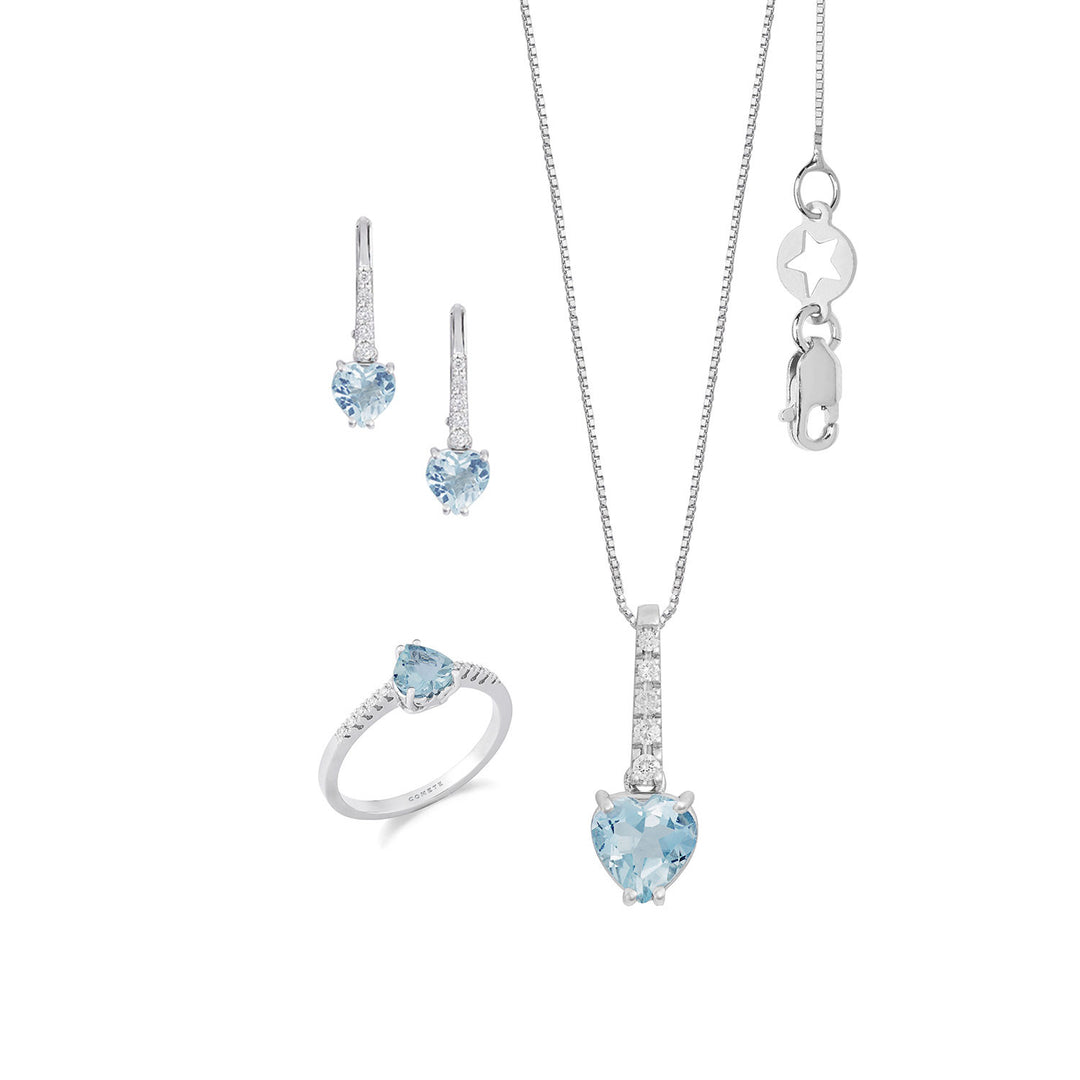 Comete Ring, Necklace and Earrings Aquamarine heart in Gold and white Diamonds KIT319354279