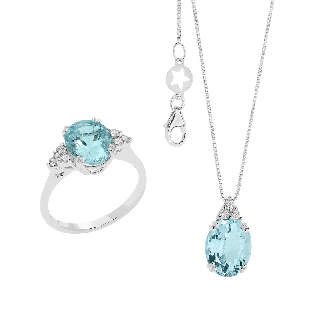Comete Necklace and Ring in Gold Diamonds and Oval Aquamarine KIT300336