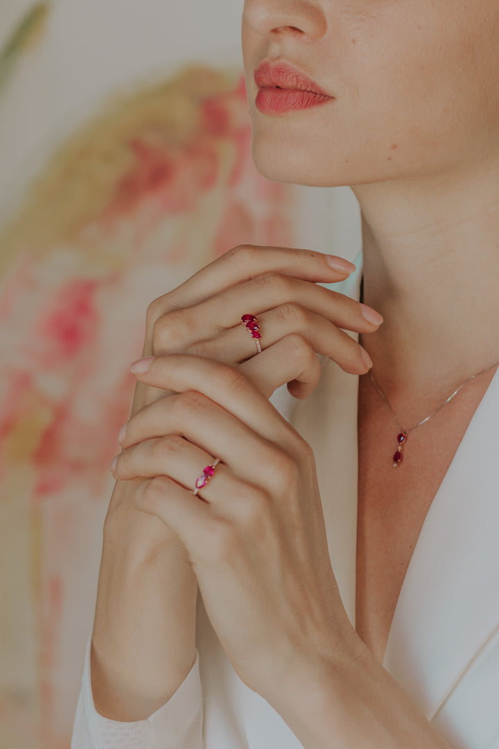 Comete Ring in rose gold with diamonds and rubies drop ANB2638
