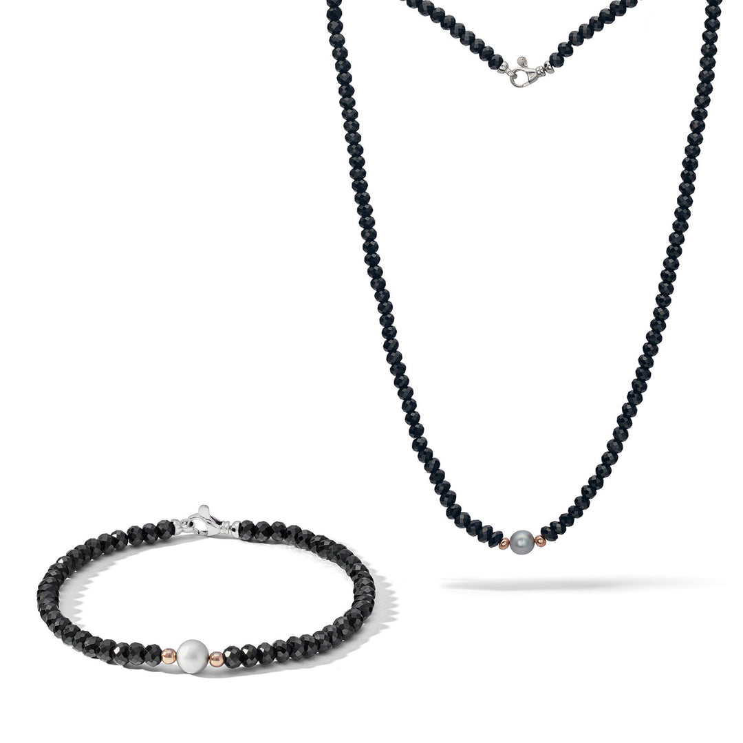 Comete Necklace and Bracelet in Silver with black spinels and gray pearl KIT7401176
