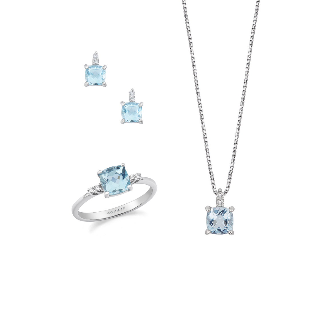 Comete Necklace, ring and earrings 750‰ gold, old cut diamonds and aquamarine KIT307342266