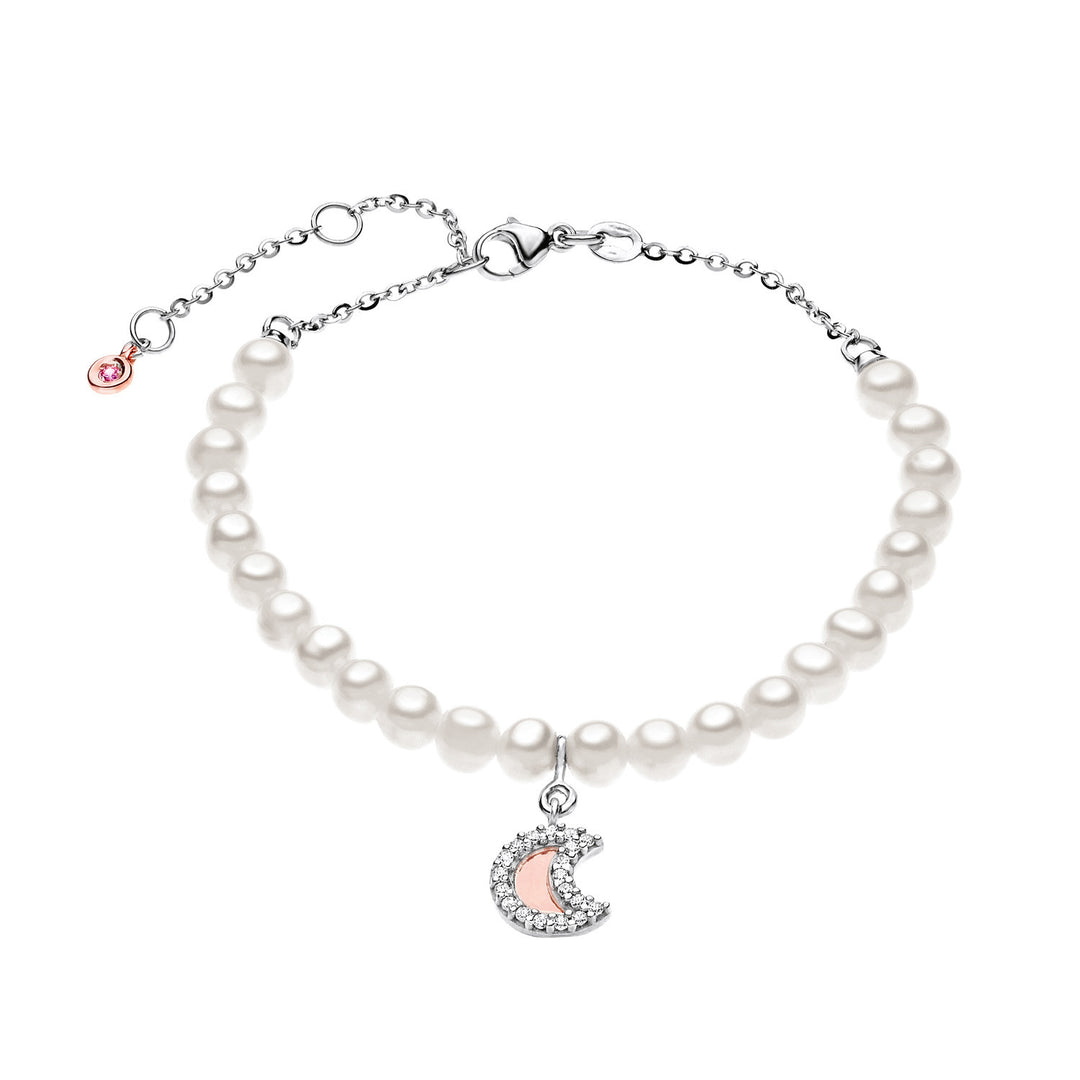 Comete Pearl Bracelet in White Gold with Moon, Diamonds and Pink Sapphire BRQ138