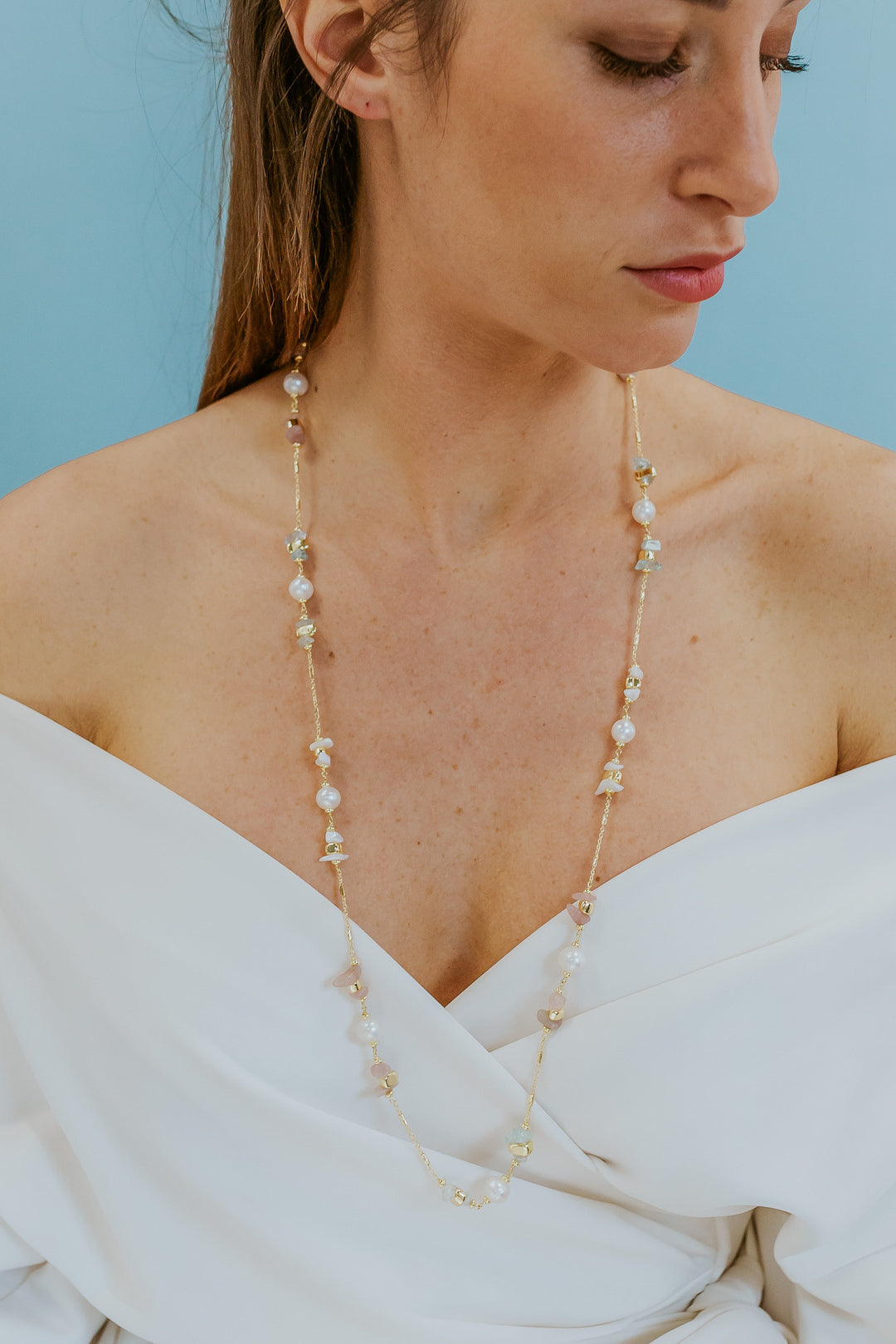 Comete 925‰ Silver Necklace with Acquadolce Pearls, Acquam. Mother of Pearl Hematite Kunzite GLA283