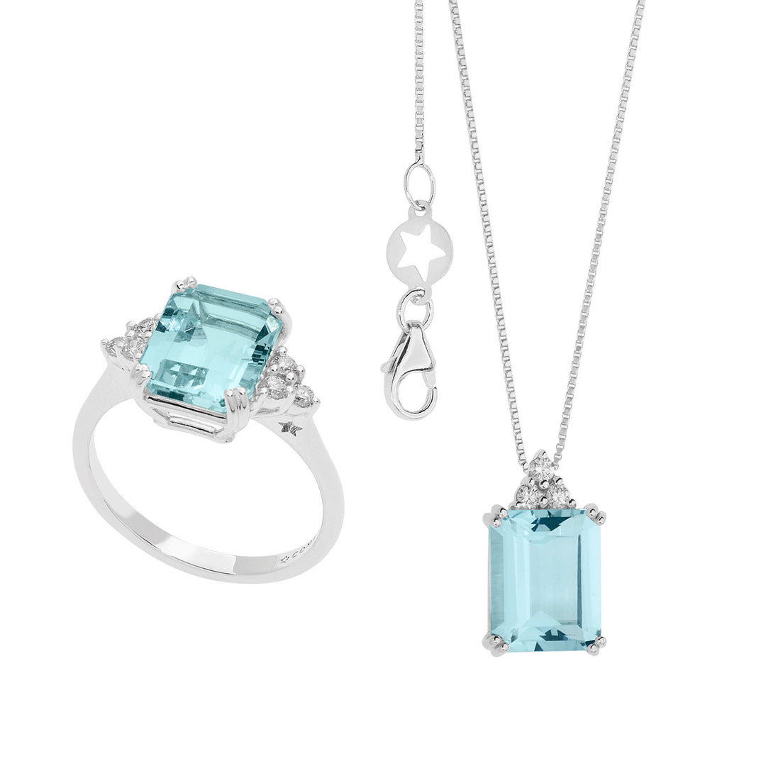 Comete Necklace and Ring in Gold Diamonds and Octagonal Aquamarine KIT301337