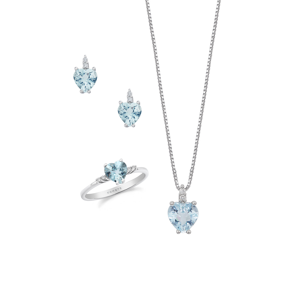 Comete Necklace, ring and earrings in 750‰ Gold, Diamonds and Aquamarine heart KIT306341265