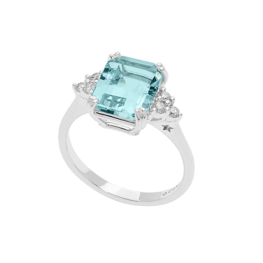 Comete Gold Ring with Diamonds and Octagonal Aquamarine ANQ337