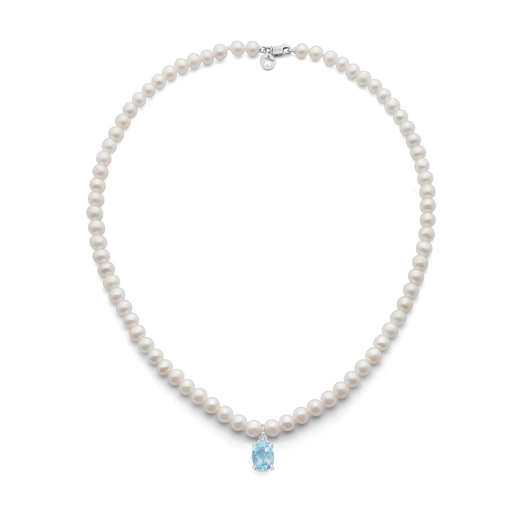 Comete Necklace Pearls in Gold and Diamond and Aquamarine oval FWQ380