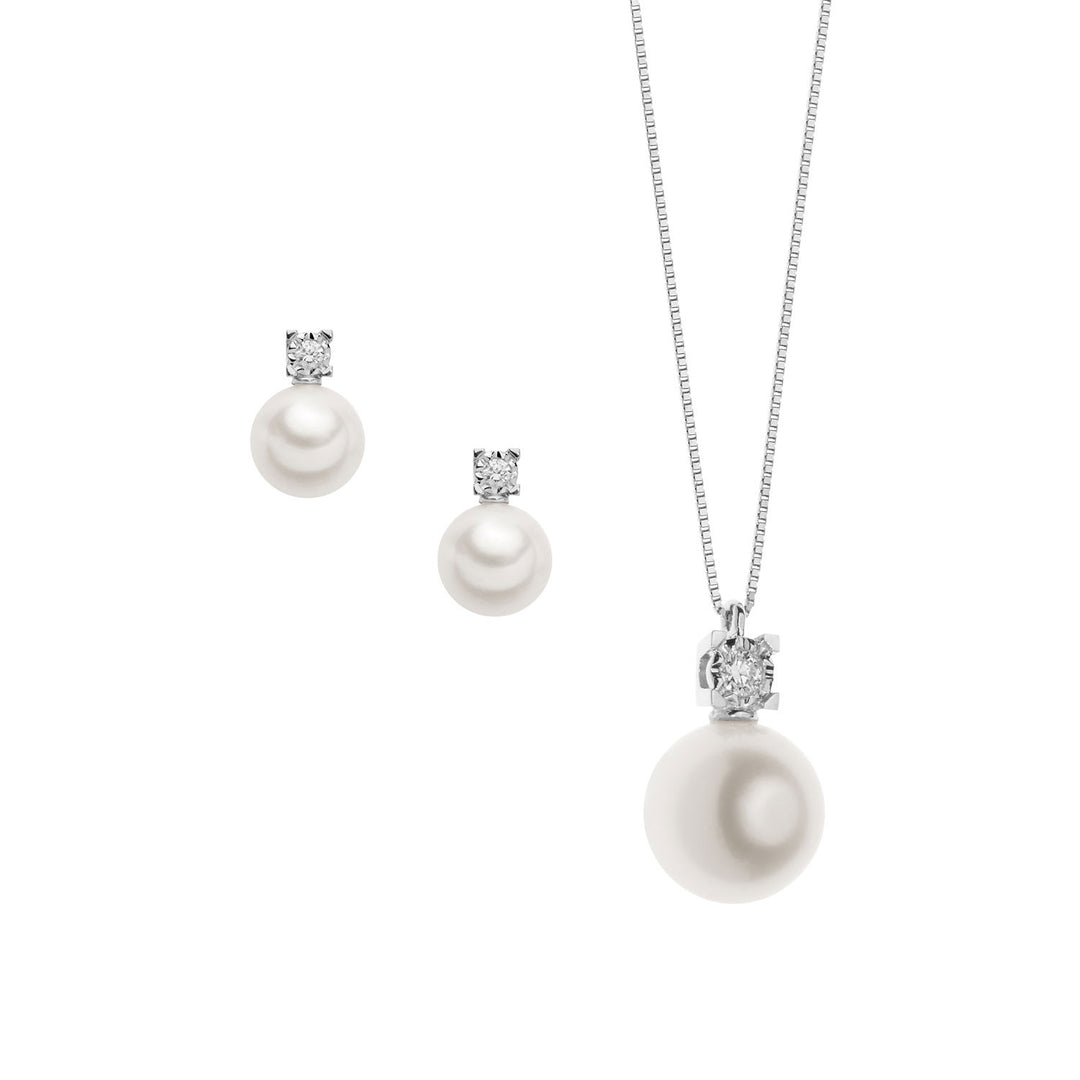 Comete Light Point Necklace and Pearl Earrings in Gold and Diamonds KIT592727