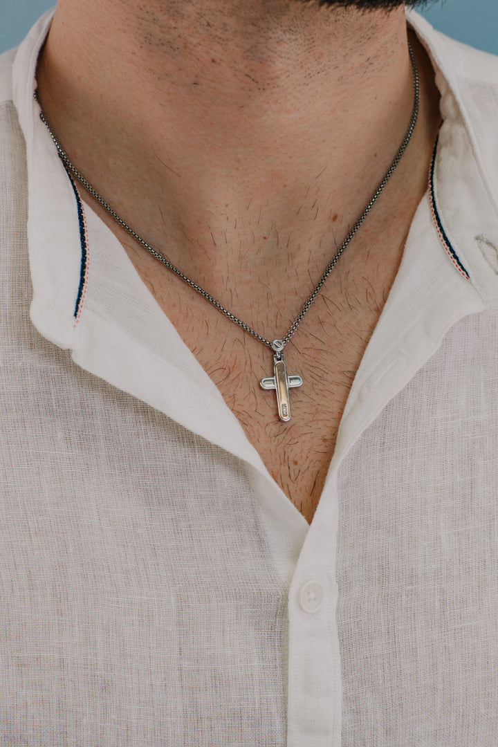 Comete Cross Necklace in Steel and Diamonds UGL701