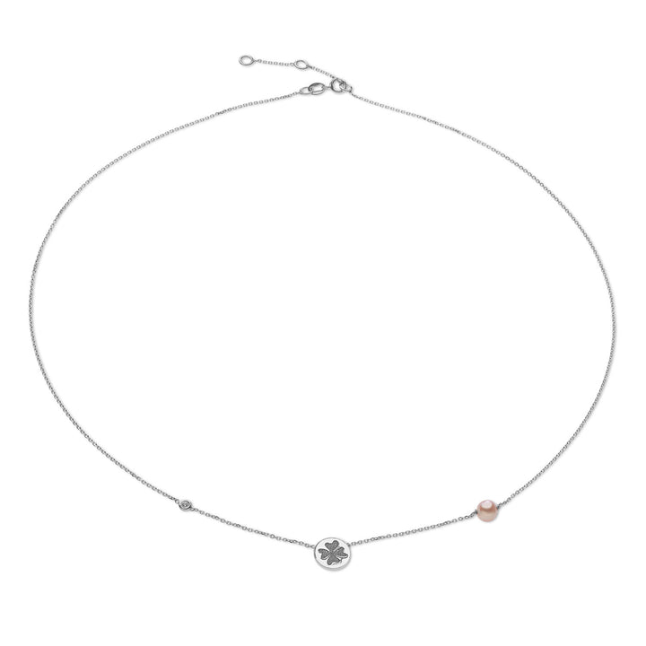 Comete Necklace in white gold with four-leaf clover and pink pearl GLP503