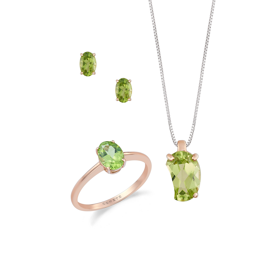 Comete Necklace, ring and earrings in 750‰ rose gold and oval Peridot KIT166826981112