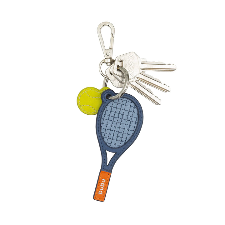 DUDU Leather Tennis Racket Keychain with Carabiner - Tennis Sports Keychain Charm for Keys, Bag or Backpack