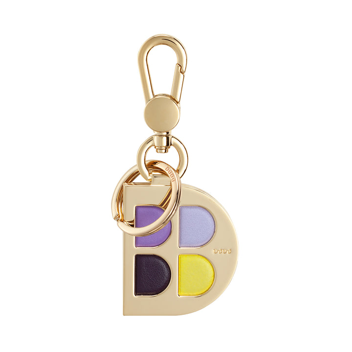 Dudu metal keychain in the shape of D with real leather inserts, golden keychain with carabiner and ring, keychain for cars office home