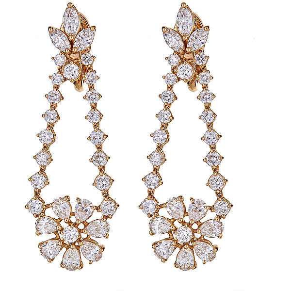 Zydo flower-shaped pendant earrings with round and fancy cut diamonds in yellow gold 51466