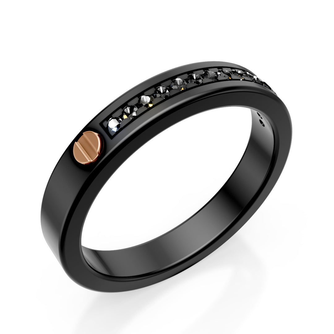 World Diamond Group ring with black diamonds in black titanium, with 18kt rose gold inserts, size 21 GAN014O3BKNE-21