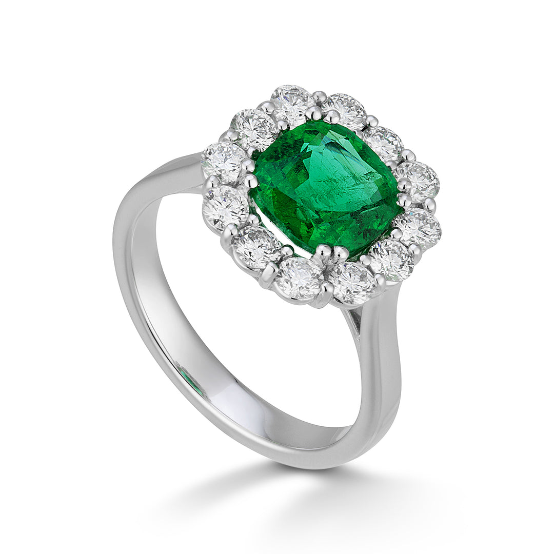 Golay 8x8 cushion emerald ring with diamond surround ACLC459DSM88-24172110026