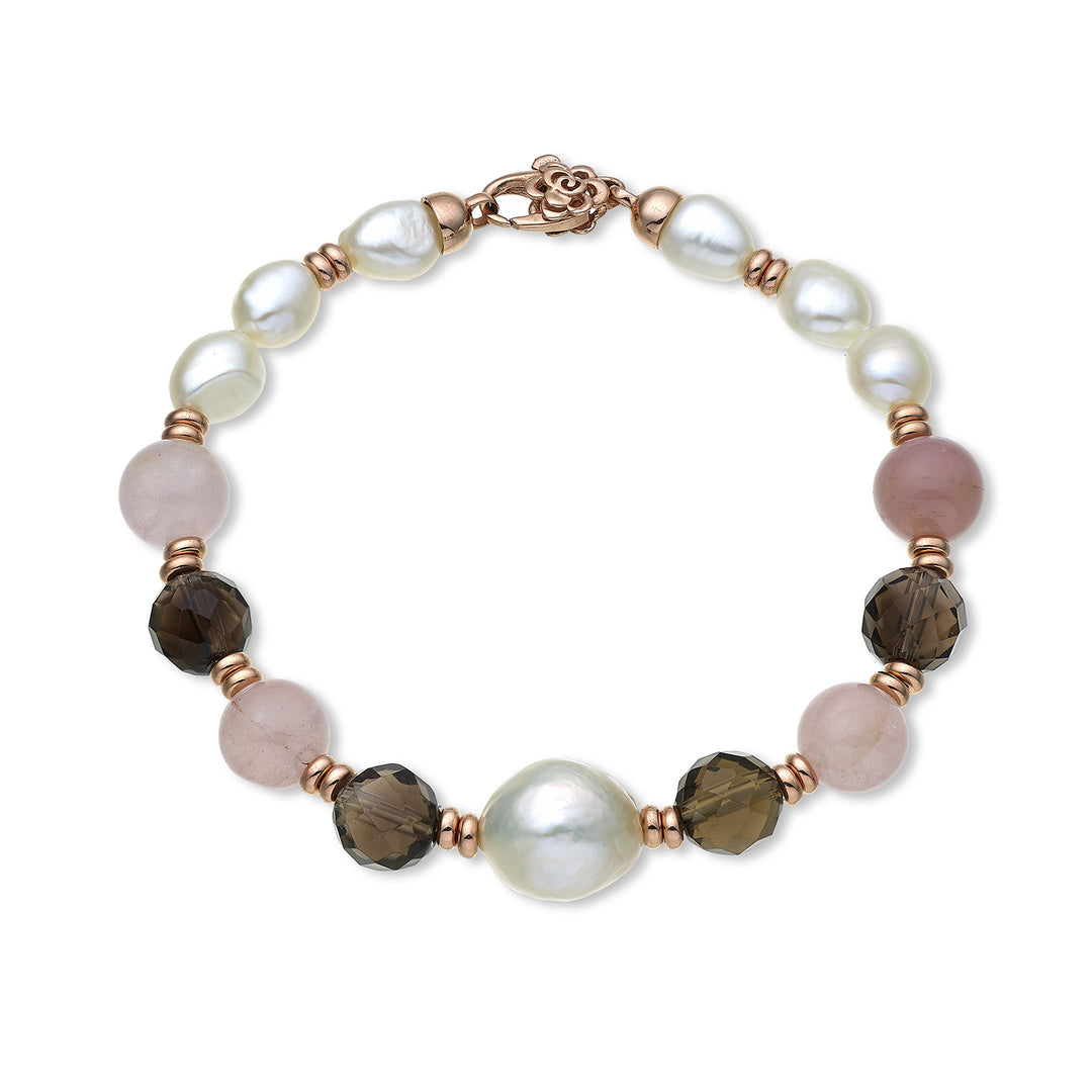 Nihama br ag925 fw bar 6/7 nucl. 11/12 pink opal and smoky quartz 8mm NB7452A3QUARZOFUME