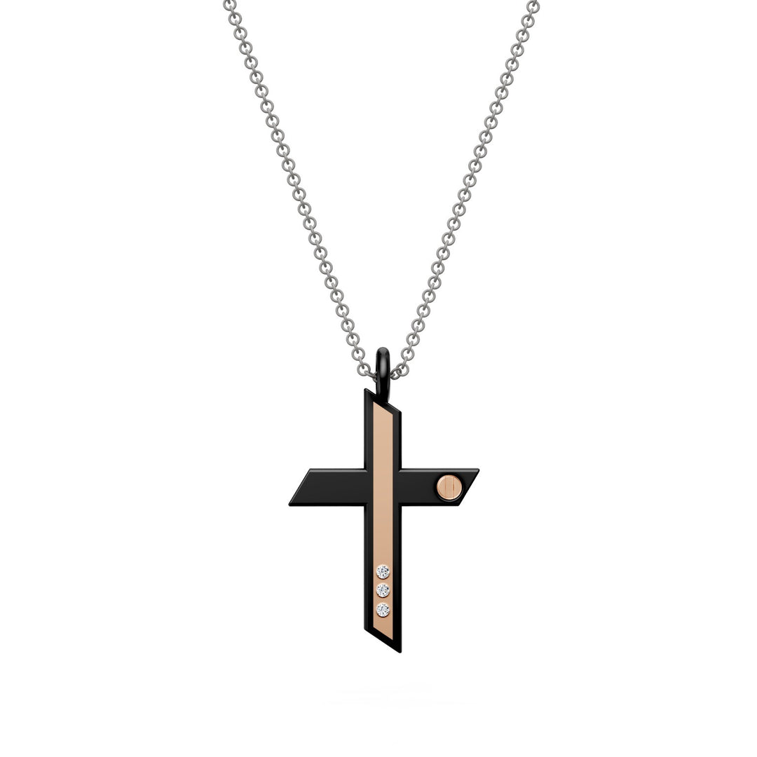 World Diamond Group cross necklace with three diamonds, in black titanium and gray chain, with 18kt rose gold inserts, long bar GDCR02O3DINE