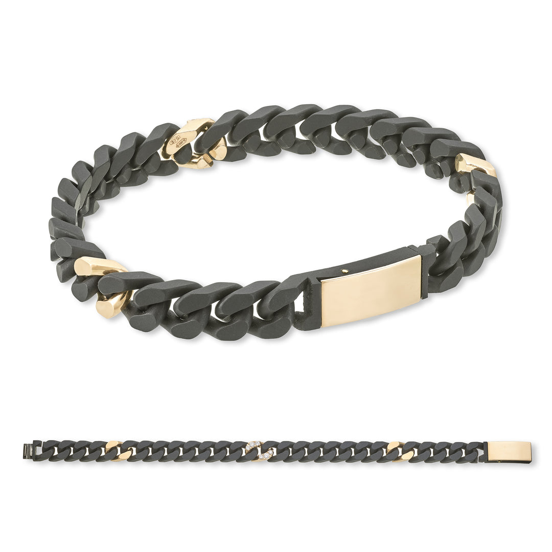 X-Diamond groumette bracelet 24 medium smooth links in black titanium + 2 smooth links 9kt rose gold + 1 link inc. 9kt rose gold + long ch tit+button 9kt rose gold 20cm LXDBRG003R3DI2NE-200