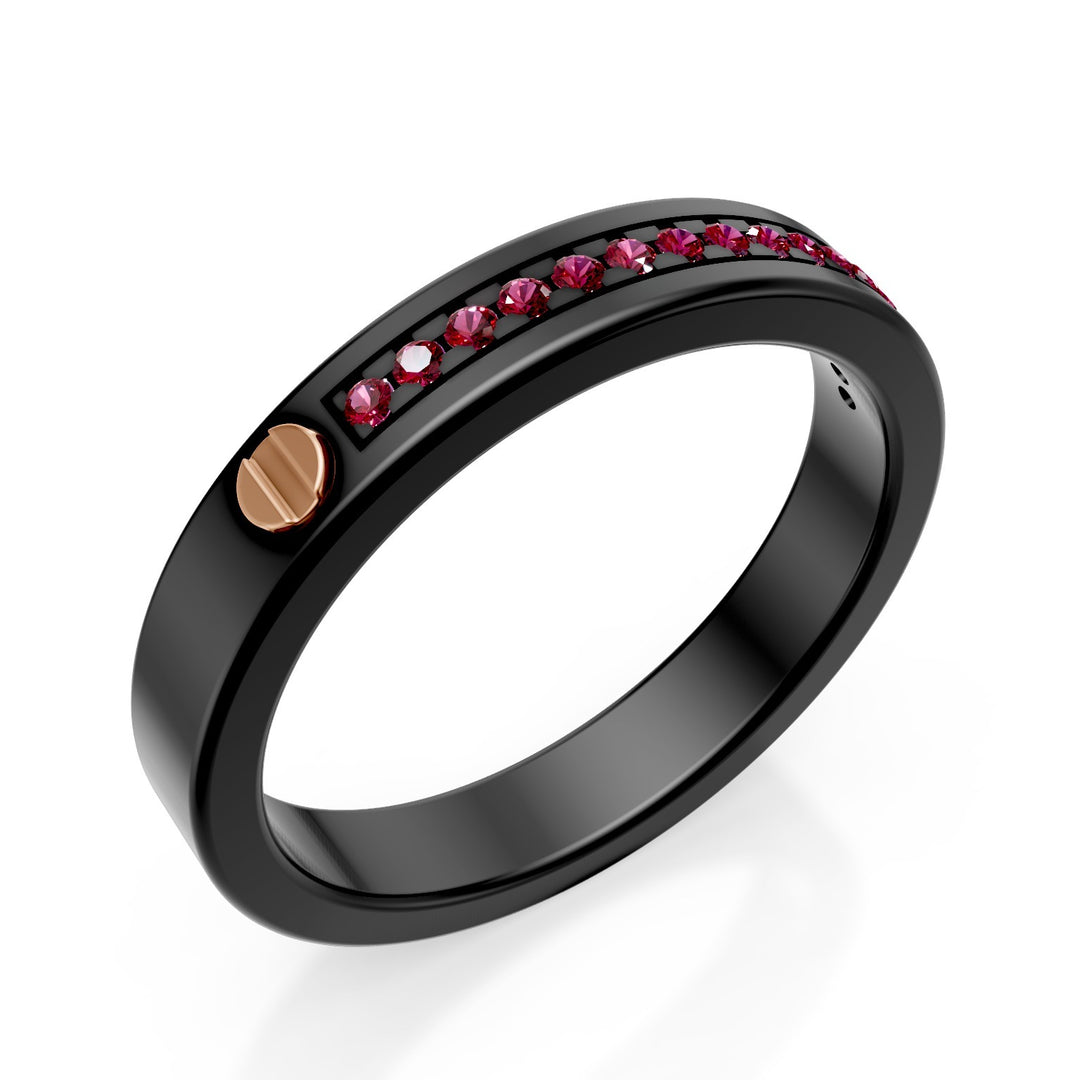 World Diamond Group ring with rubies in black titanium, with 18kt rose gold inserts, size 21 GAN014O3RUNE-21