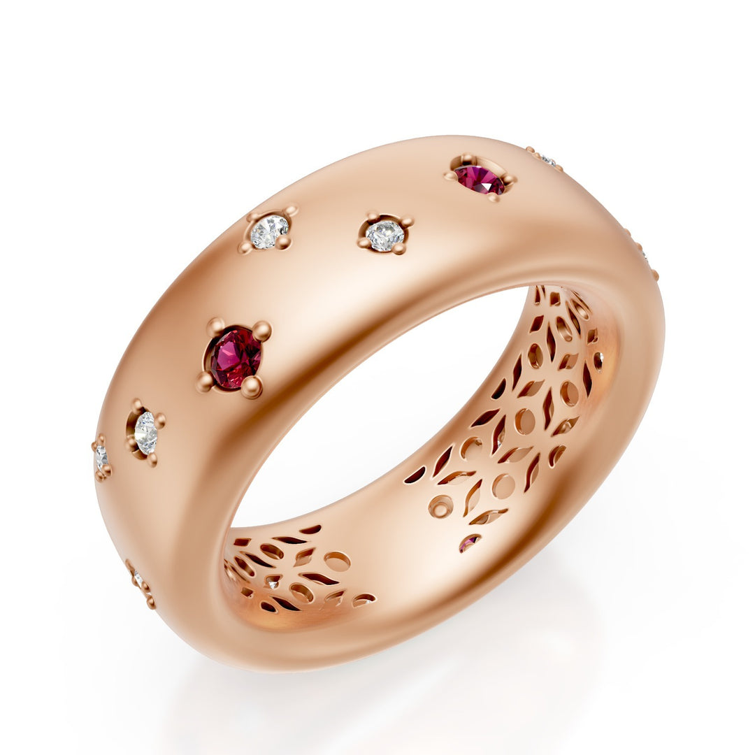 Golay 18k gold narrow band ring with scattered diamonds and rubies, satin pink, size 14 GAN022O3DRUS-14