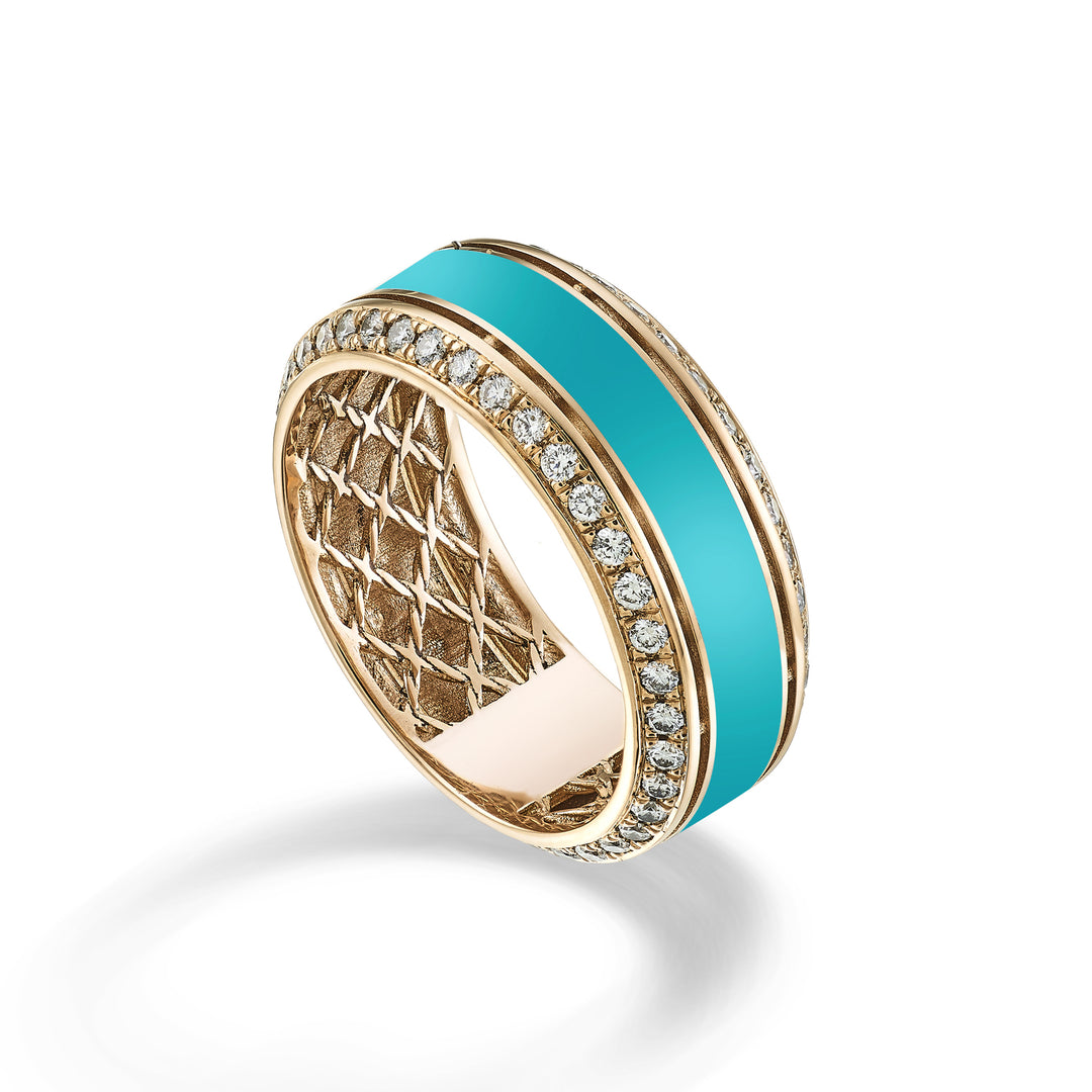 Golay light cube ring 8mm round turquoise enamel and diam ACUBET001DITUR-24010110086