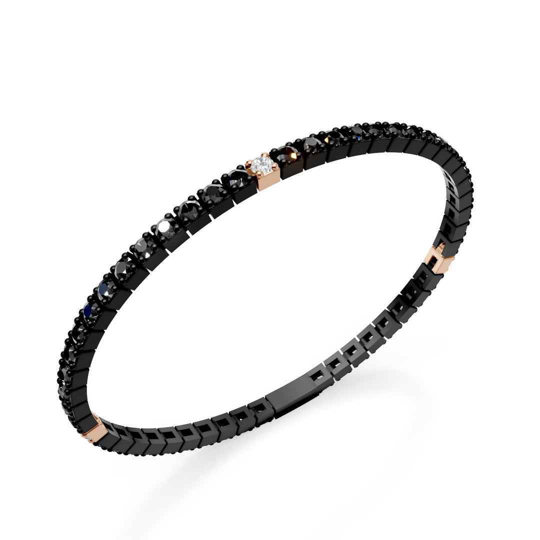 World Diamond Group tennis bracelet in black titanium, with black diamonds and three 18kt rose gold inserts with white diamonds, 19cm, first size GBRT001E3O3DINE-190