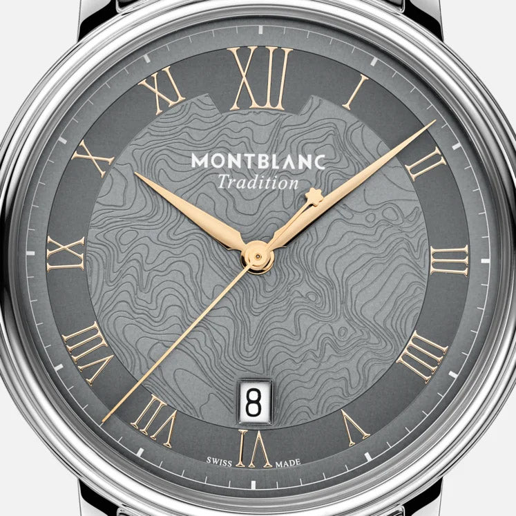 Traidisiún Montblanc Dáta uathoibríoch 40 mm clog cruach liath uathoibríoch 132433