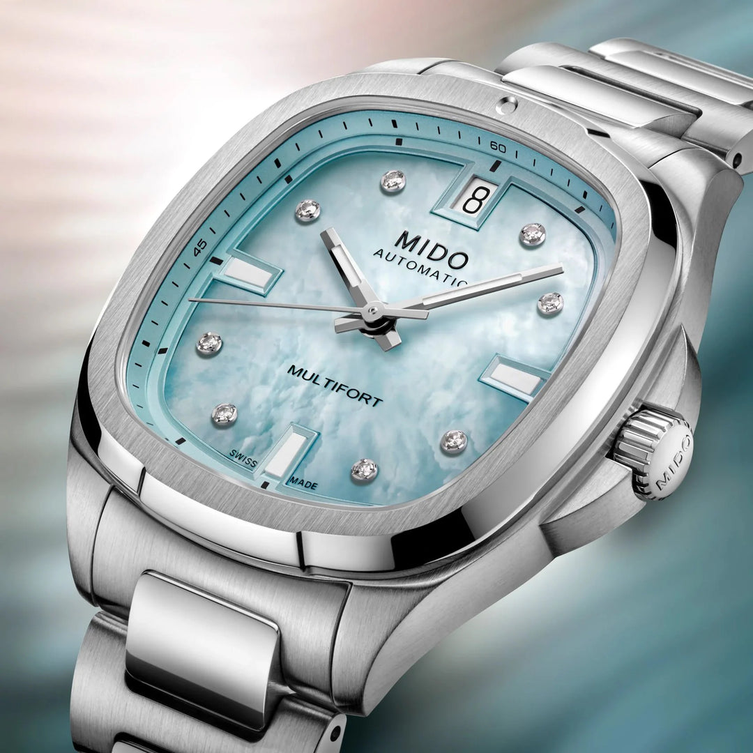 Mido watch Multifort TV 35 34x35mm blue mother of pearl diamonds automatic steel M049.307.11.136.00