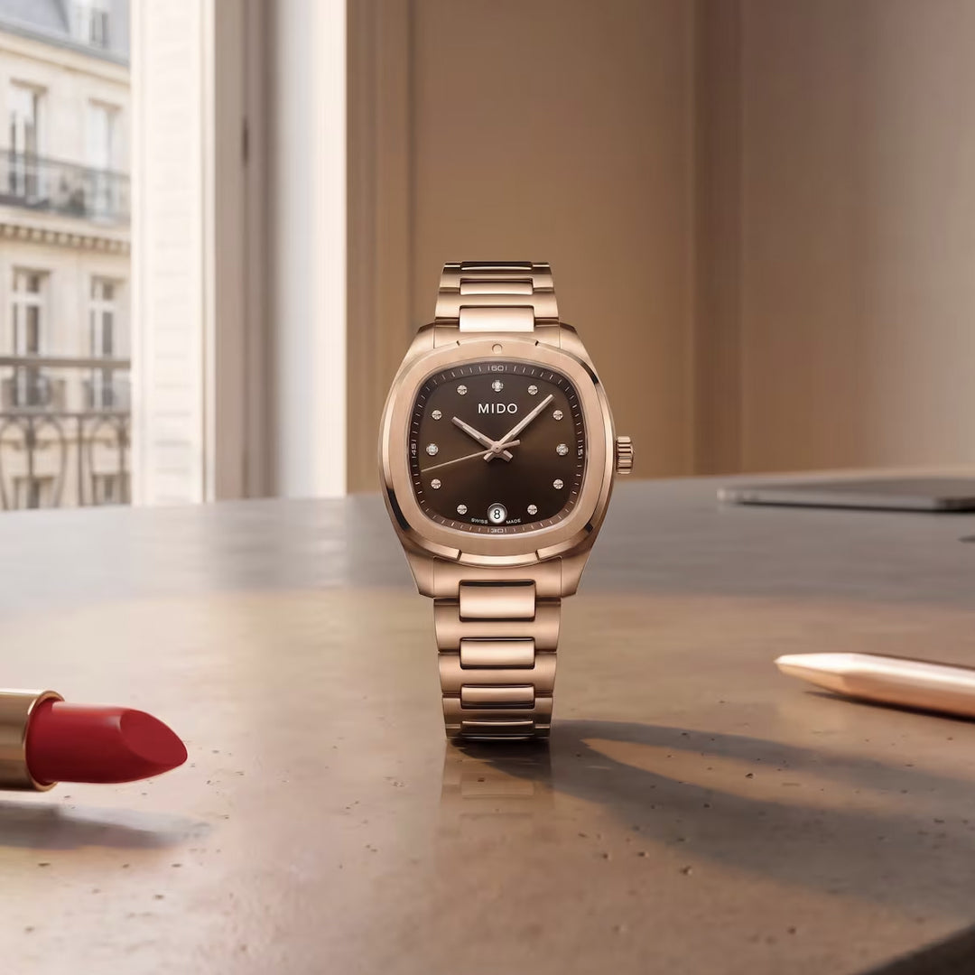 Mido Multifort TV 28mm brown quartz steel rose gold PVD finish M049.110.33.296.00