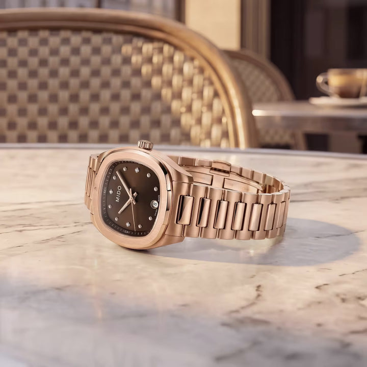 Mido Multifort TV 28mm brown quartz steel rose gold PVD finish M049.110.33.296.00