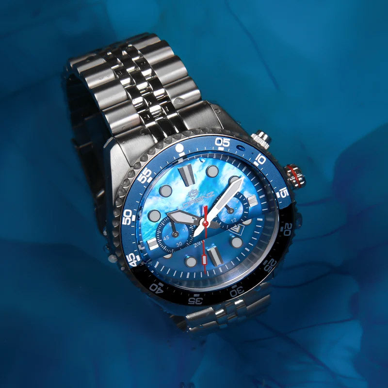 Lorenz Shark 5 Chrono watch 42mm mother of pearl blue quartz steel 030285BB