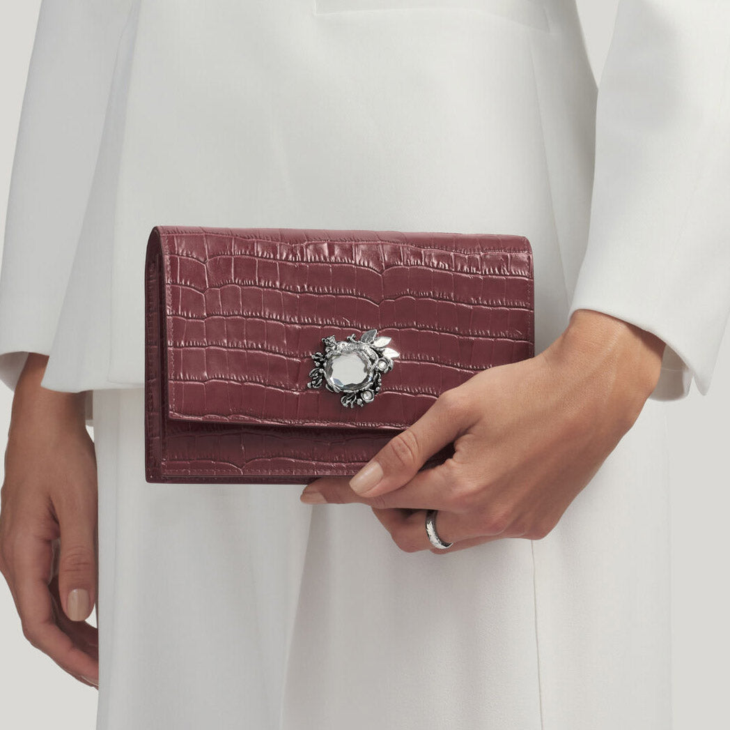 Giovanni Raspini jungle clutch bag croco burgundy bronze-white leather L0034