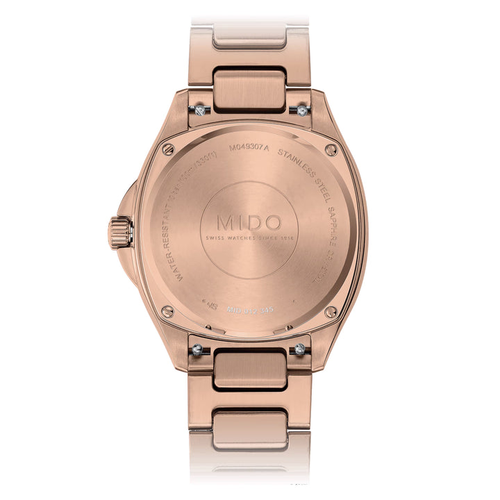 Mido MultiOft TV 35mm Brown TV TV Automatic Diamonds Críochnú Cruach PVD Rosa M049.307.33.296.00