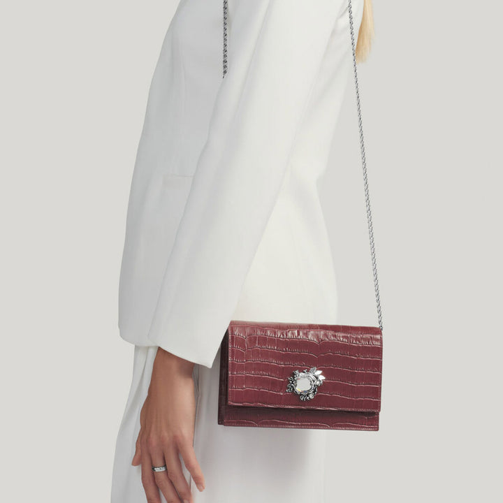 Giovanni Raspini jungle clutch bag croco burgundy bronze-white leather L0034