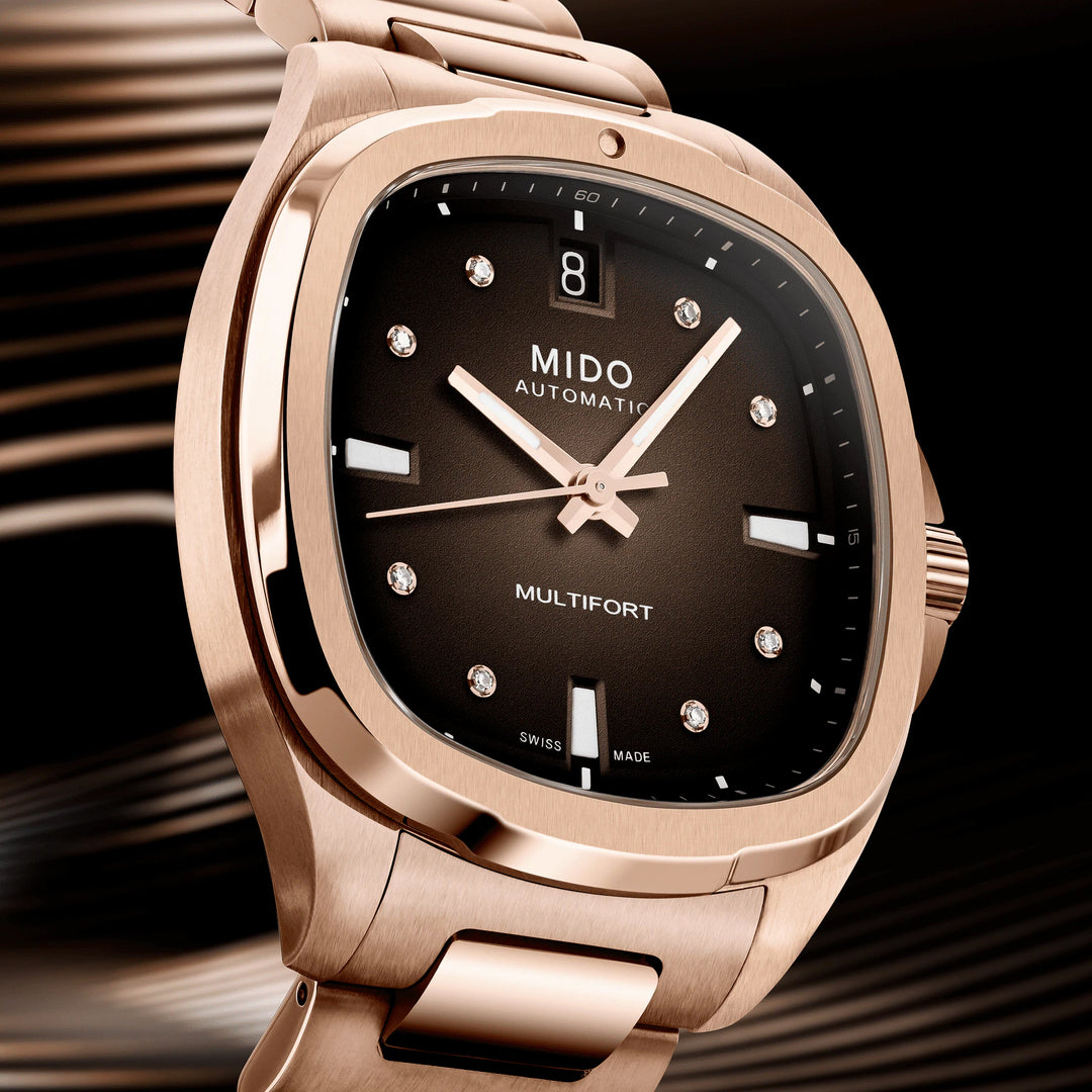 Mido MultiOft TV 35mm Brown TV TV Automatic Diamonds Críochnú Cruach PVD Rosa M049.307.33.296.00