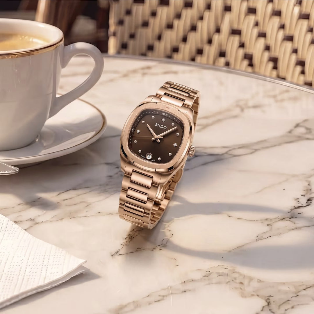 Mido Multifort TV 28mm brown quartz steel rose gold PVD finish M049.110.33.296.00