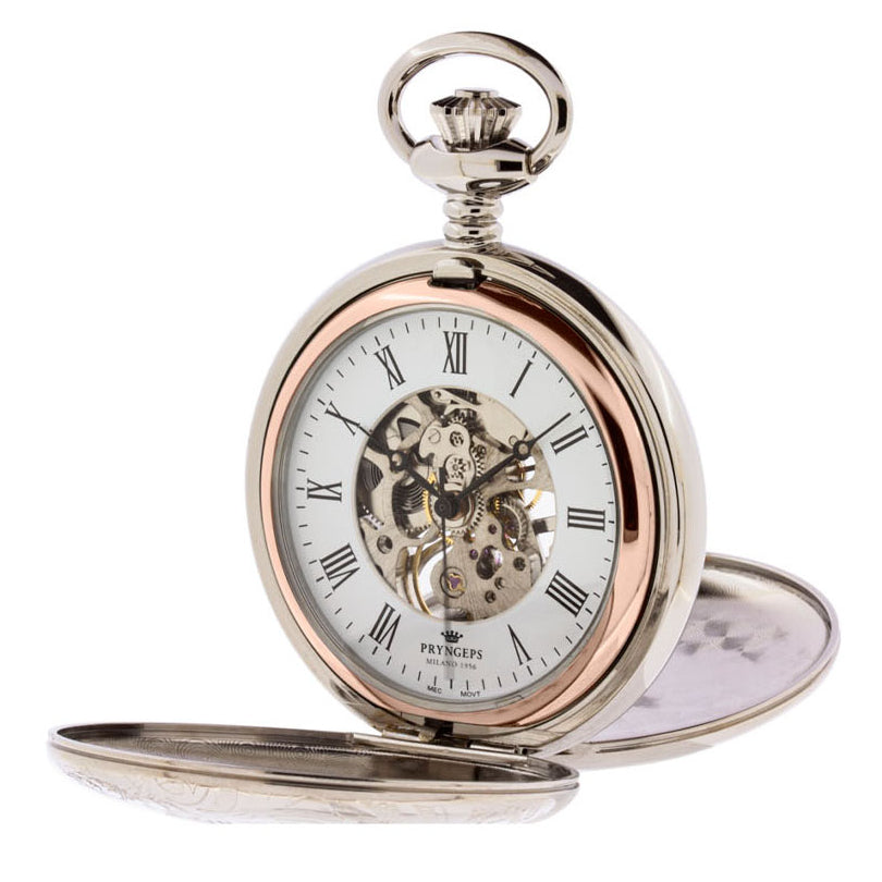 Pryngeps जेब घड़ी 47 मिमी सफेद मैनुअल घुमावदार स्टील खत्म पीवीडी गुलाबी सोना T083 / आर