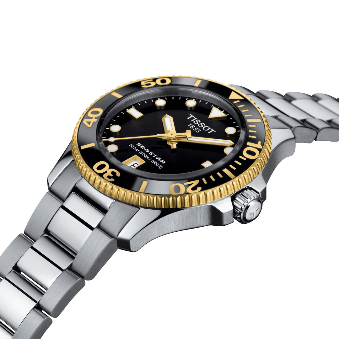 Tissot घड़ी Seastar 1000 36 मिमी काला क्वार्ट्ज स्टील पीवीडी पीला सोना T120.210.21.051.00 समाप्त