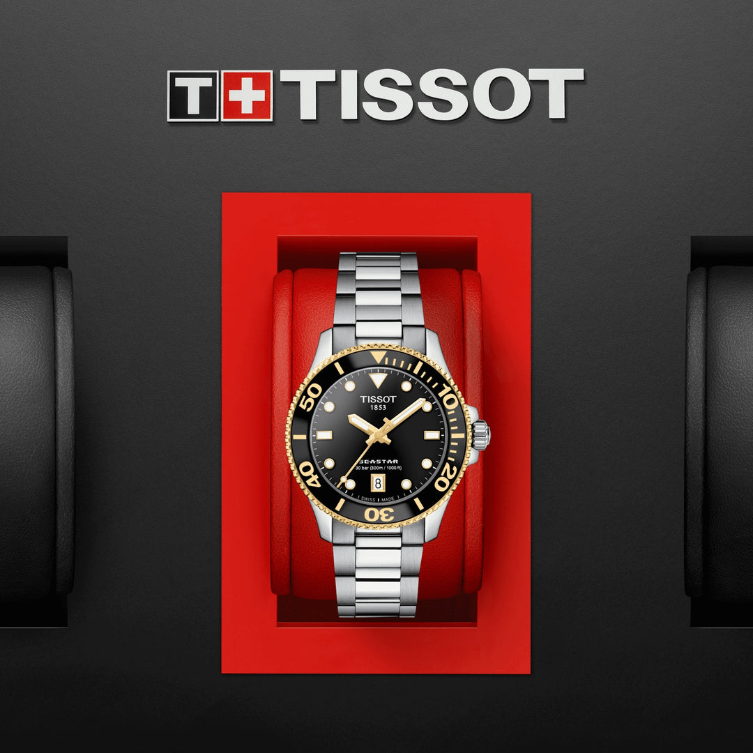 Tissot घड़ी Seastar 1000 36 मिमी काला क्वार्ट्ज स्टील पीवीडी पीला सोना T120.210.21.051.00 समाप्त
