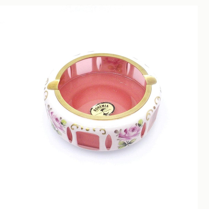Crystal BOHEMIA Czechoslovakia opaline crystal ashtray with floral decorations and golden finishes A-0288 - Gioielleria Capodagli