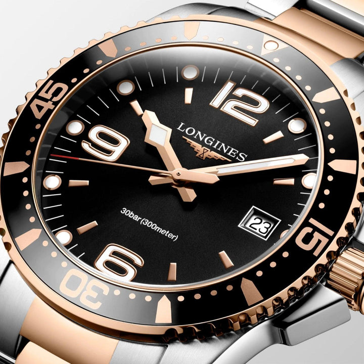 Longines orologio HydroConquest 41mm nero quarzo acciaio finitura PVD oro rosa L3.740.3.58.7 - Capodagli 1937