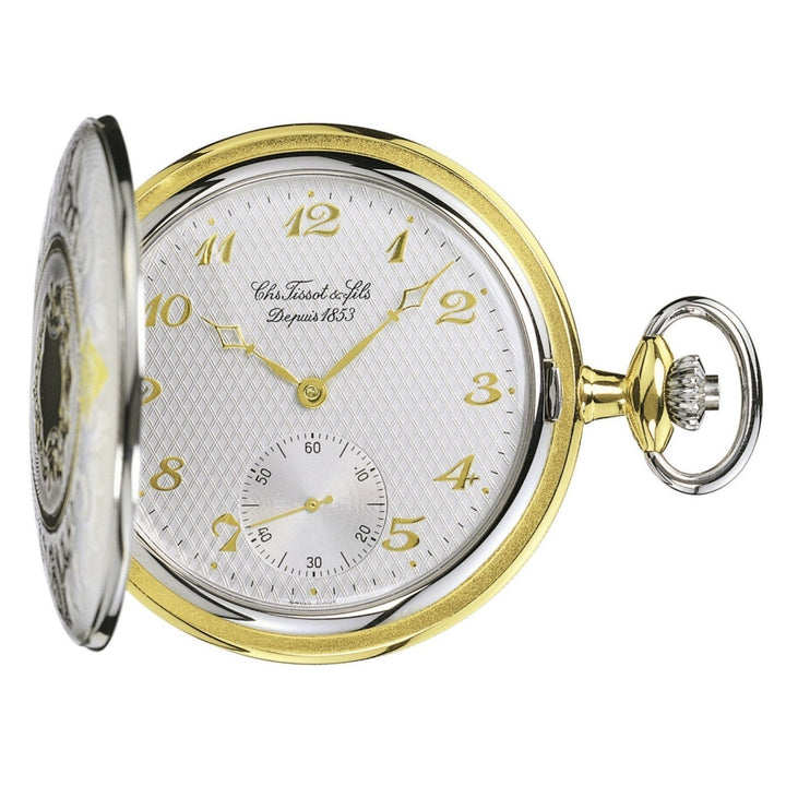 Tissot orologio da tasca Savonette Mechanical 50mm carica manuale ottone finitura oro e palladio T83.8.450.82 - Gioielleria Capodagli
