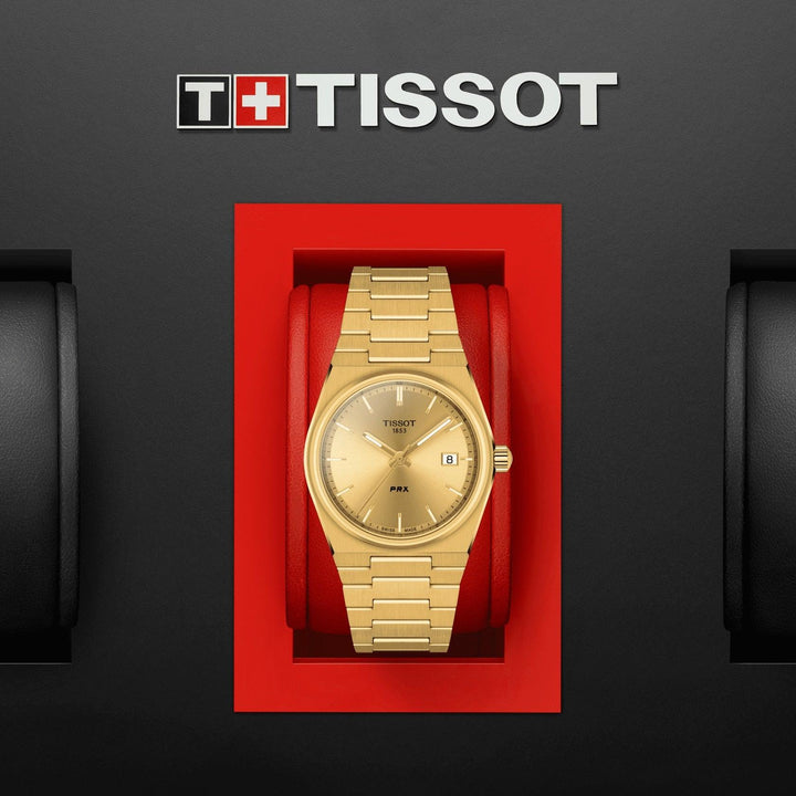 Tissot orologio PRX 35mm champagne quarzo acciaio finitura PVD oro giallo T137.210.33.021.00 - Capodagli 1937